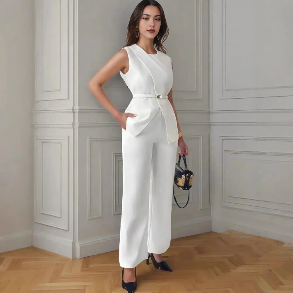 2025 Elegant Sleeveless Women Blazer Vest Suits V Neck Office Tanks Female Crop Top Wide Pants Sets OL