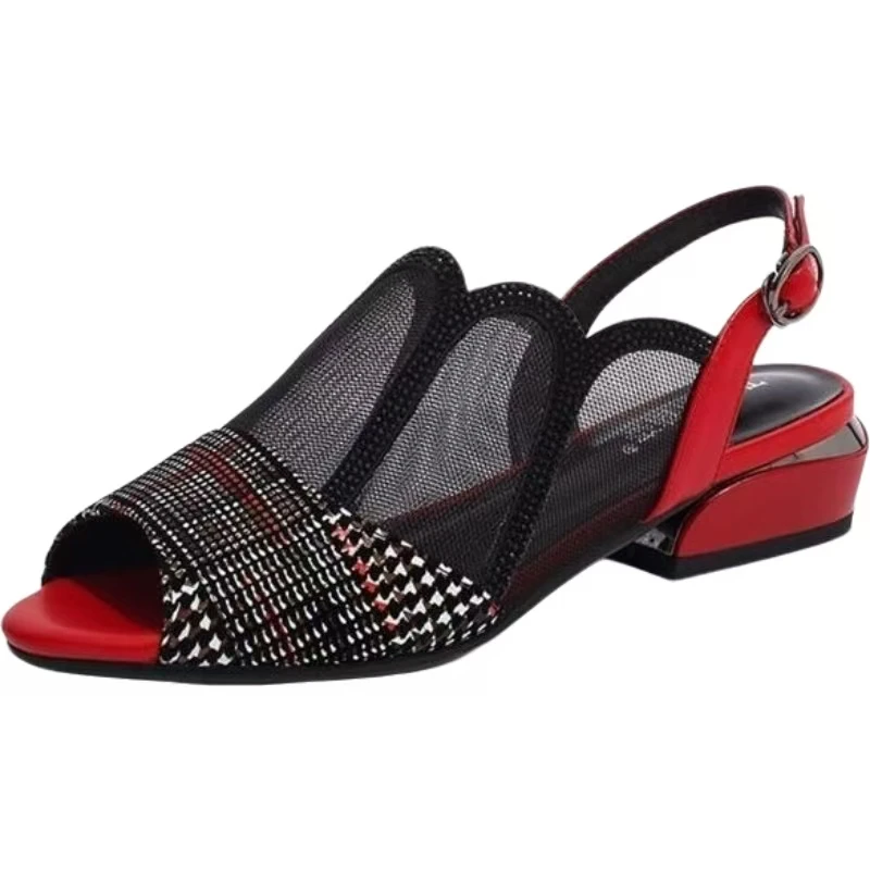 

Women PU Leather Mesh Low Heel Peep Toe Sandals Summer New Soft sole Slip On Lightweight Breathable High Quality Modern Sandals