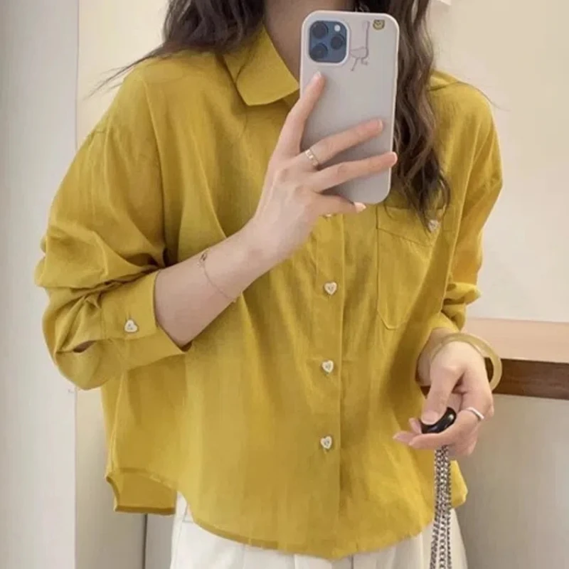 Spring Autumn New Solid Color Shirt Women POLO Collar Long Sleeve Fashion Button Cardigan Vintage Elegant Pocket All-match Tops