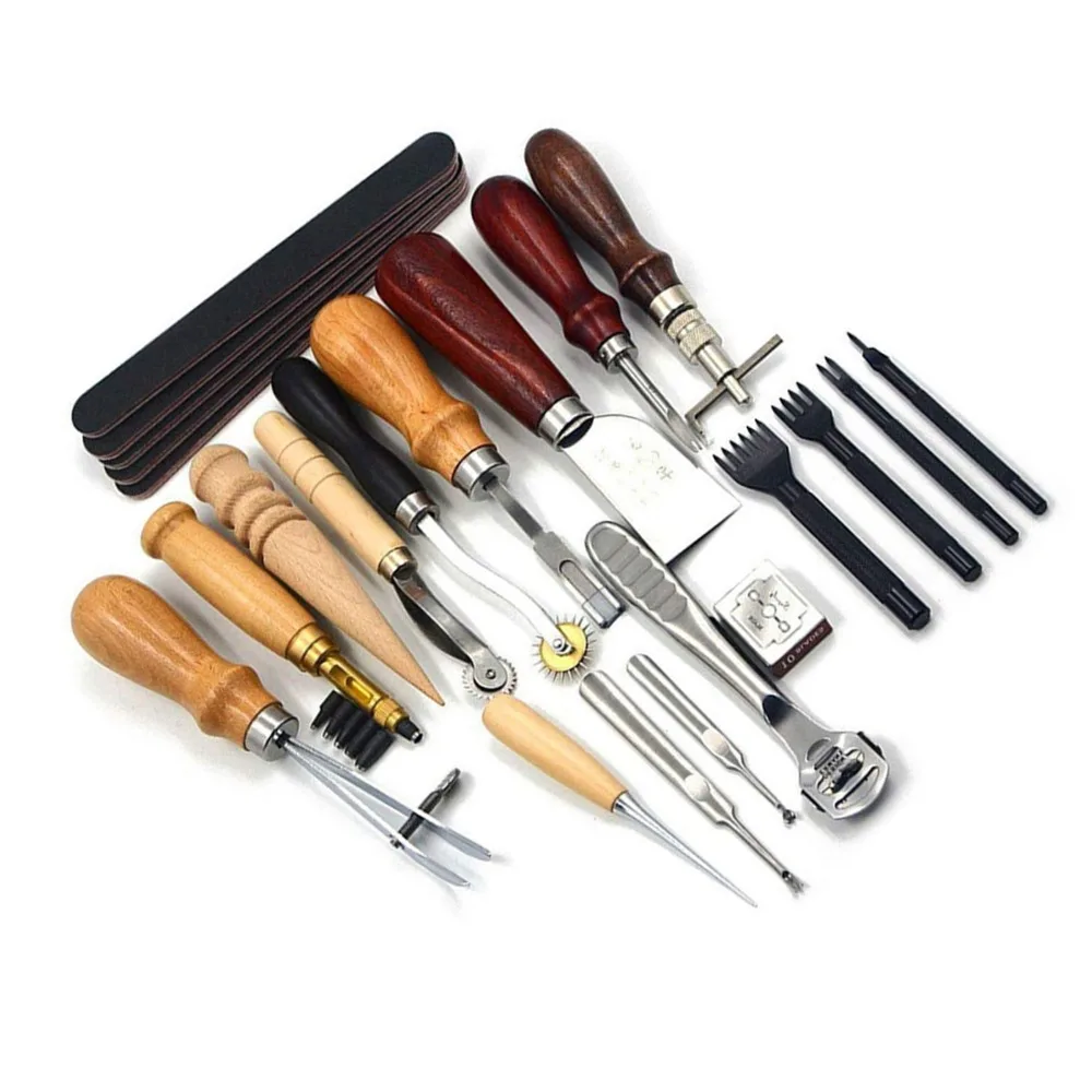 23pcs Awl Stylus Leather Craft Punch Tools Waxed Thread Thimble Included Leather Sewing Kit Carving Stitching