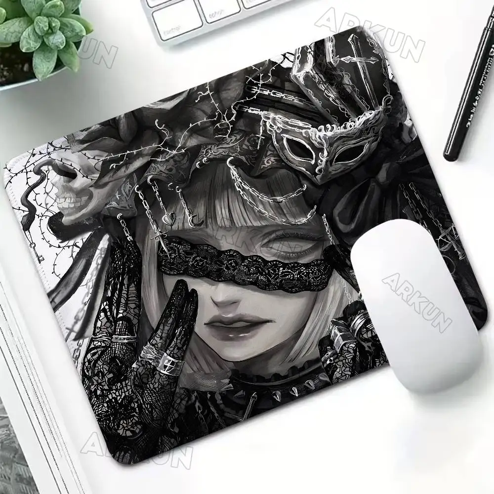 Small Dark Gothic Blindfolded Girl Mouse Pad Black Lace Metal Mask Desk Mat Monochrome Fantasy Art Mousepad Desk Accessories