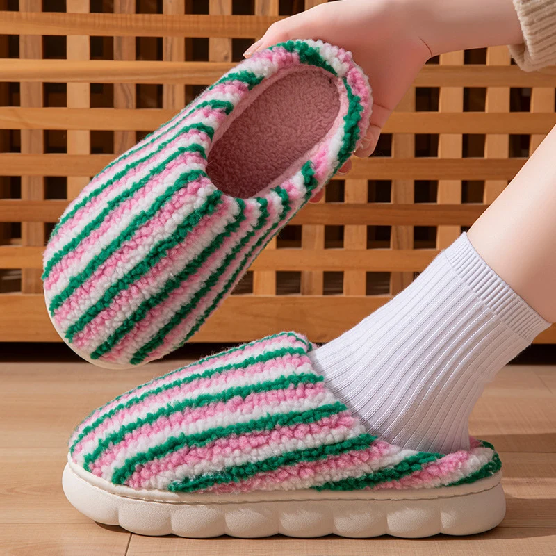 Winter Women's Plush Slippers Fashion Colorful Stripes Thickened Coral Fleece Warm Home Cotton Shoes Thick-soled House Slippers