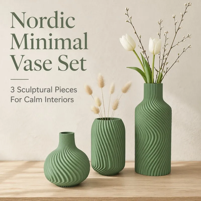 3Pcs Swirl Fluted Nordic Vase Set Matte PLA Sage Green Vase Minimalist Home Decor For Tabletop Entryway Dried Grass Fresh Tulip
