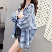 Women's Summer New Versatile Thin Plaid Shirt Large Size Loose Long Sleeve Breathable Sun Protection Casual Top