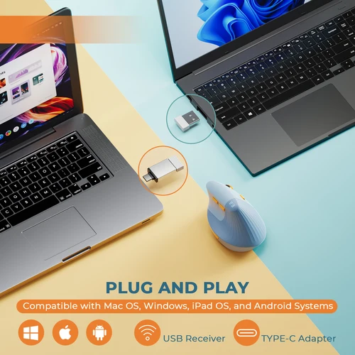 Imagen 2 del producto Seenda-ratón inalámbrico Vertical tipo C, recargable, ergonómico, USB y tipo C, para ordenador portátil, PC, MacBook, Windows y Android