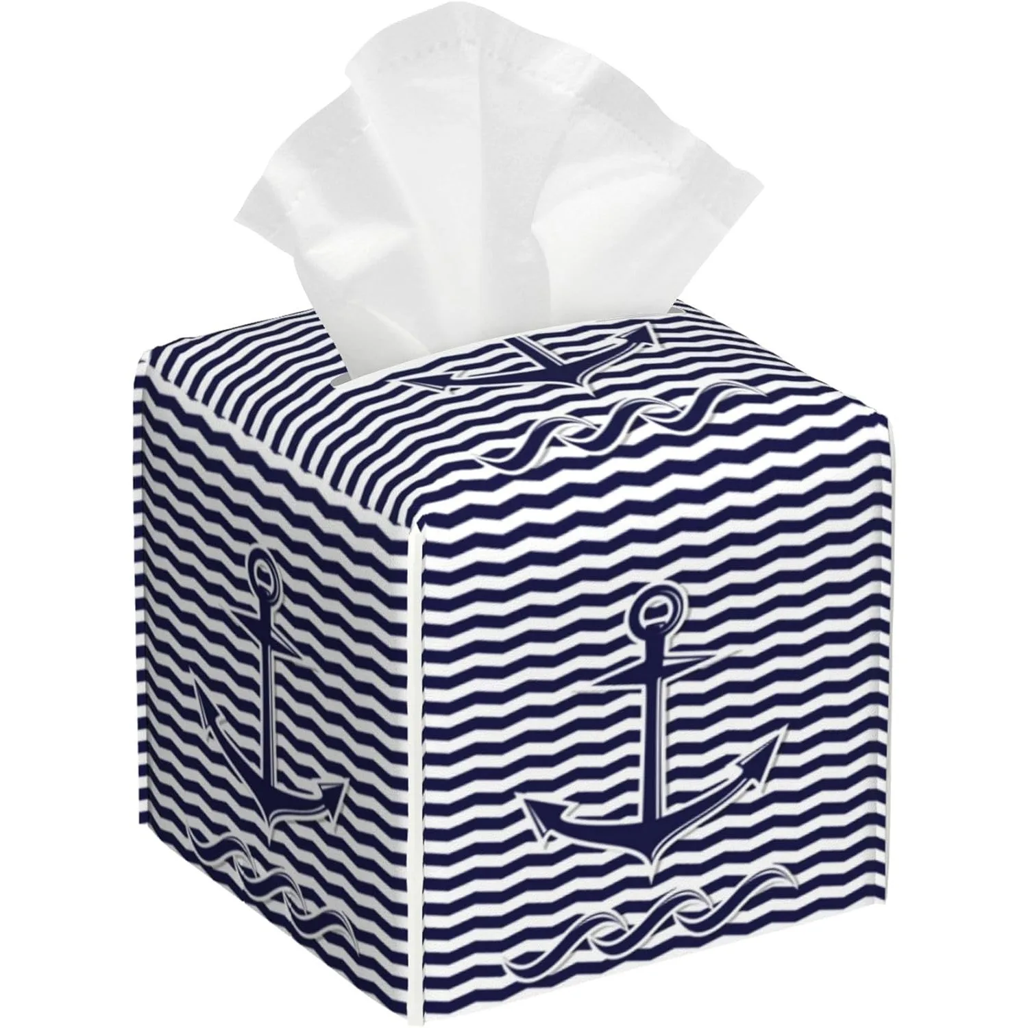 Square Tissue Box Cover Nautical Anchor on Blue and White Stripes Tissue Box Holder Facial Paper Leather Decorative Organizer