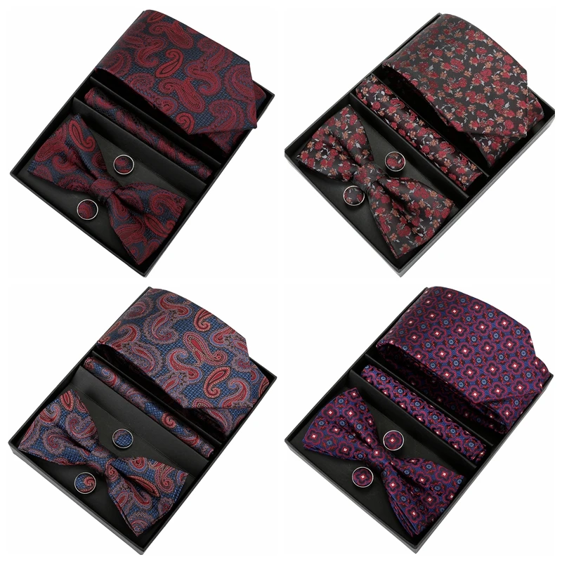 Silk Men\'s Tie Bowtie Set For Men Purple Solid Blue Floral Bowtie Pocket Squre Cufflinks Set Fashion Wedding Necktie In Gift Box