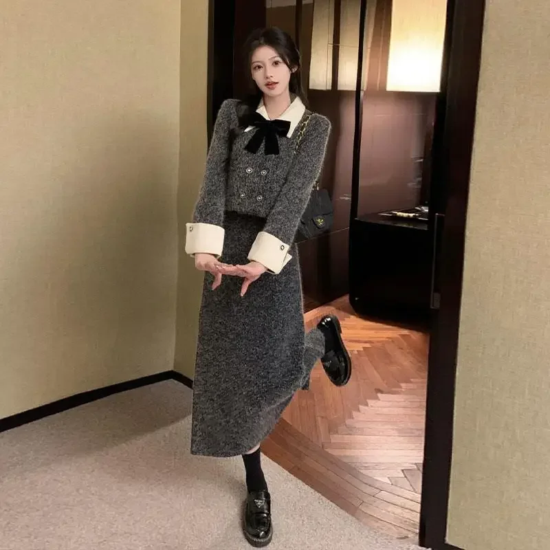 Insozkdg Skirt Suits 2024 New Autumn-Winter Korean-style Ensemble High-end Butterfly Knot Woolen Outerwear + Skirt Two-Piece Set