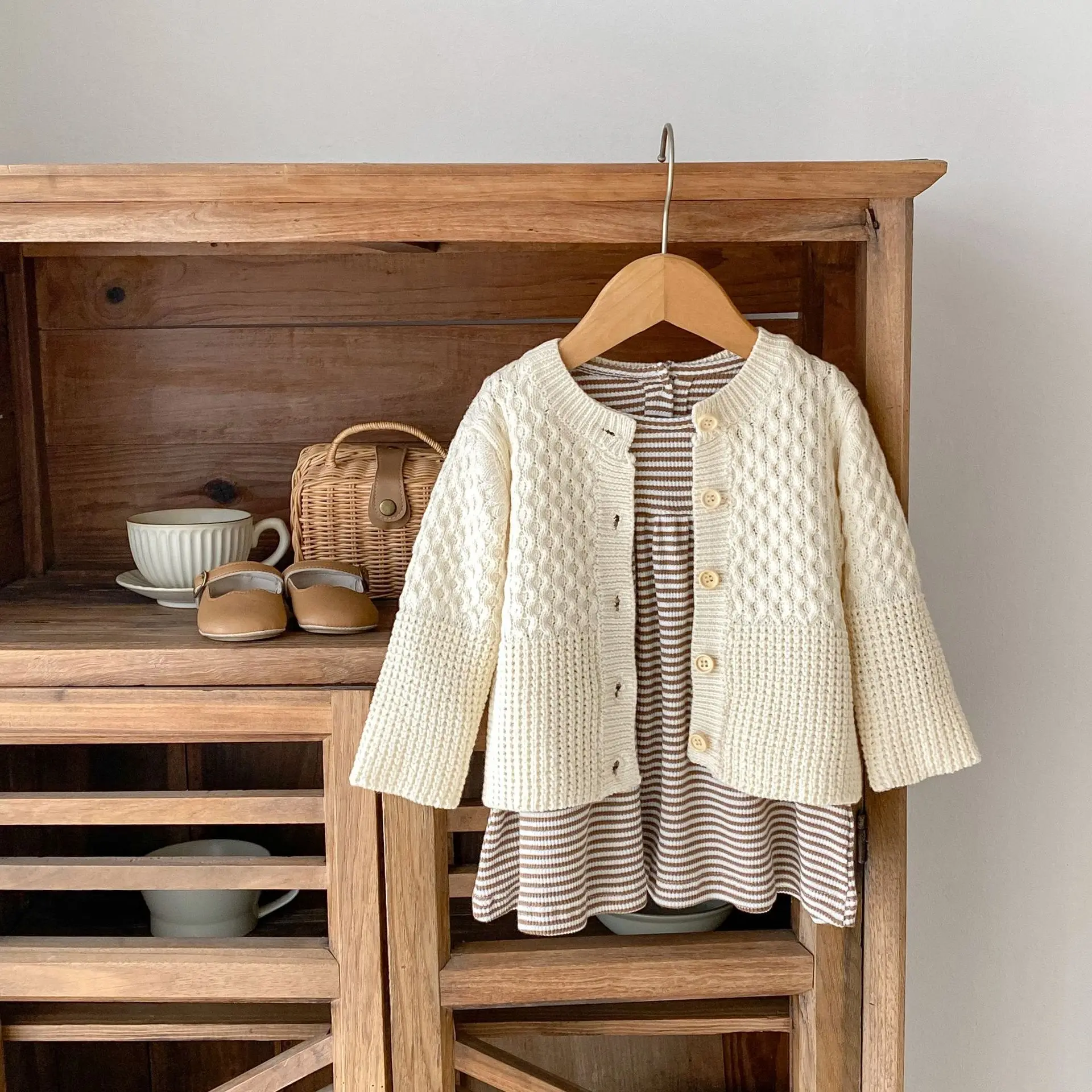 Spring and Autumn Infant and Toddler Girl Baby Fashion Versatile Round Neck Stripe Knitted Long Sleeve Pocket Skirt Loose Dress