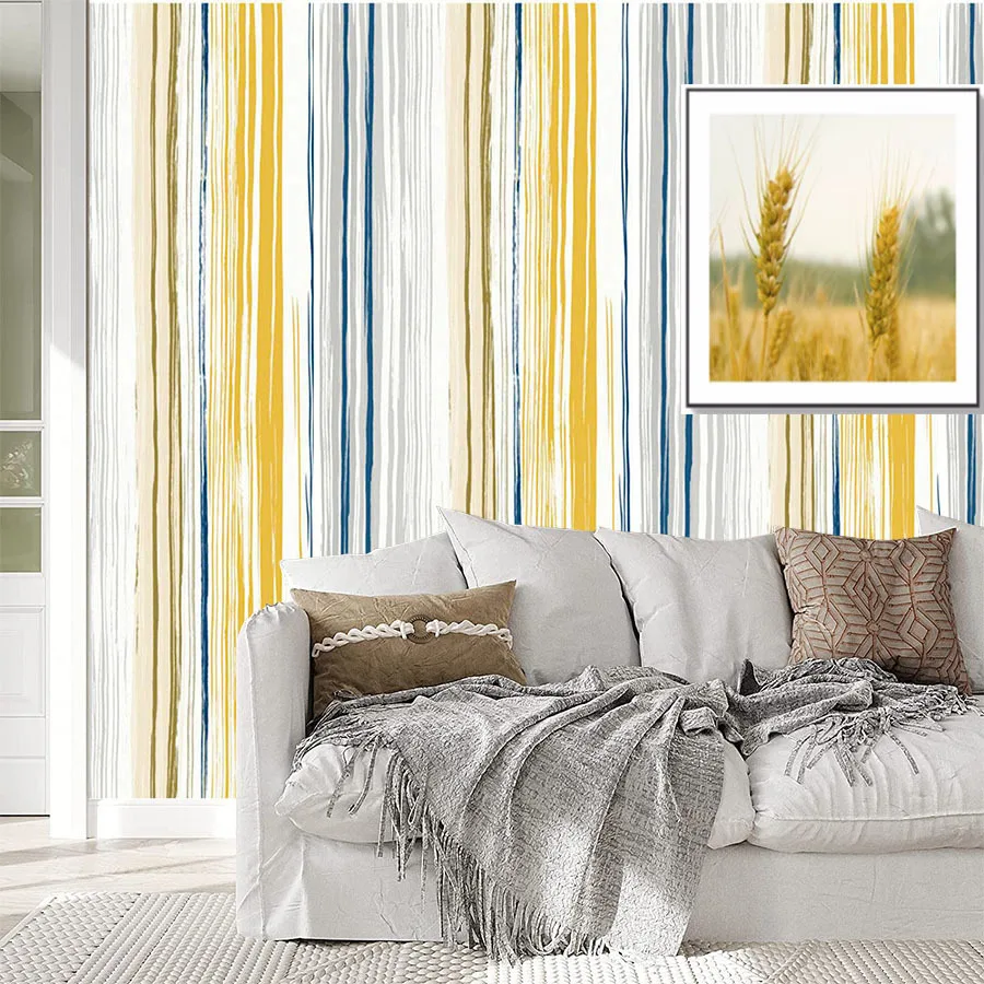 Yellow Stripes Peel and Stick Wallpaper Modern Mediterranean Self Adhesive Wall Paper Waterproof Contact Paper for Bedroom