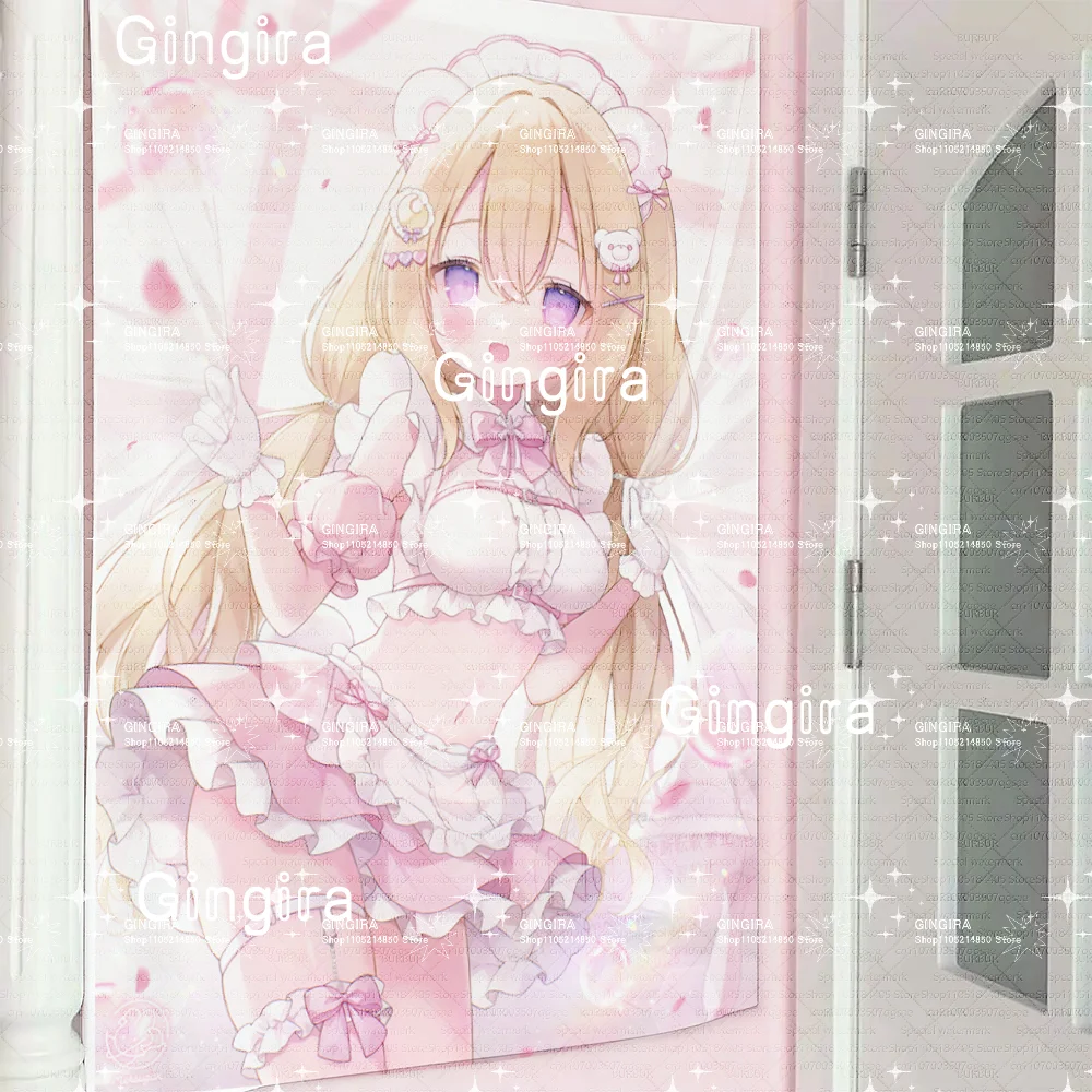Japanese Anime Blonde Maid Girl Tapestry Cute Pink Ruffle Outfit Teddy Bear Hair Clip Waifu Wall Art Poster for Aesthetic Room D