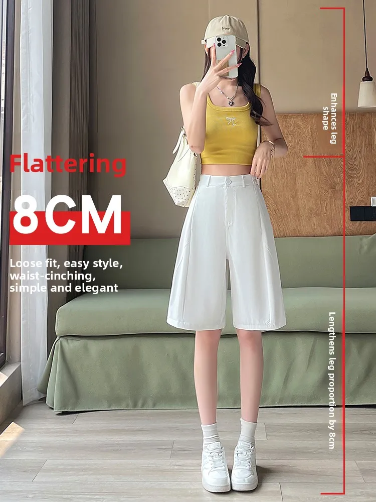 Qui Dry Sport Fünfteilige Damen-Sommerhose mit weitem Bein, lässig, gerade, Eisseide, Kargohose mit hoher Taille, Pendlerhose