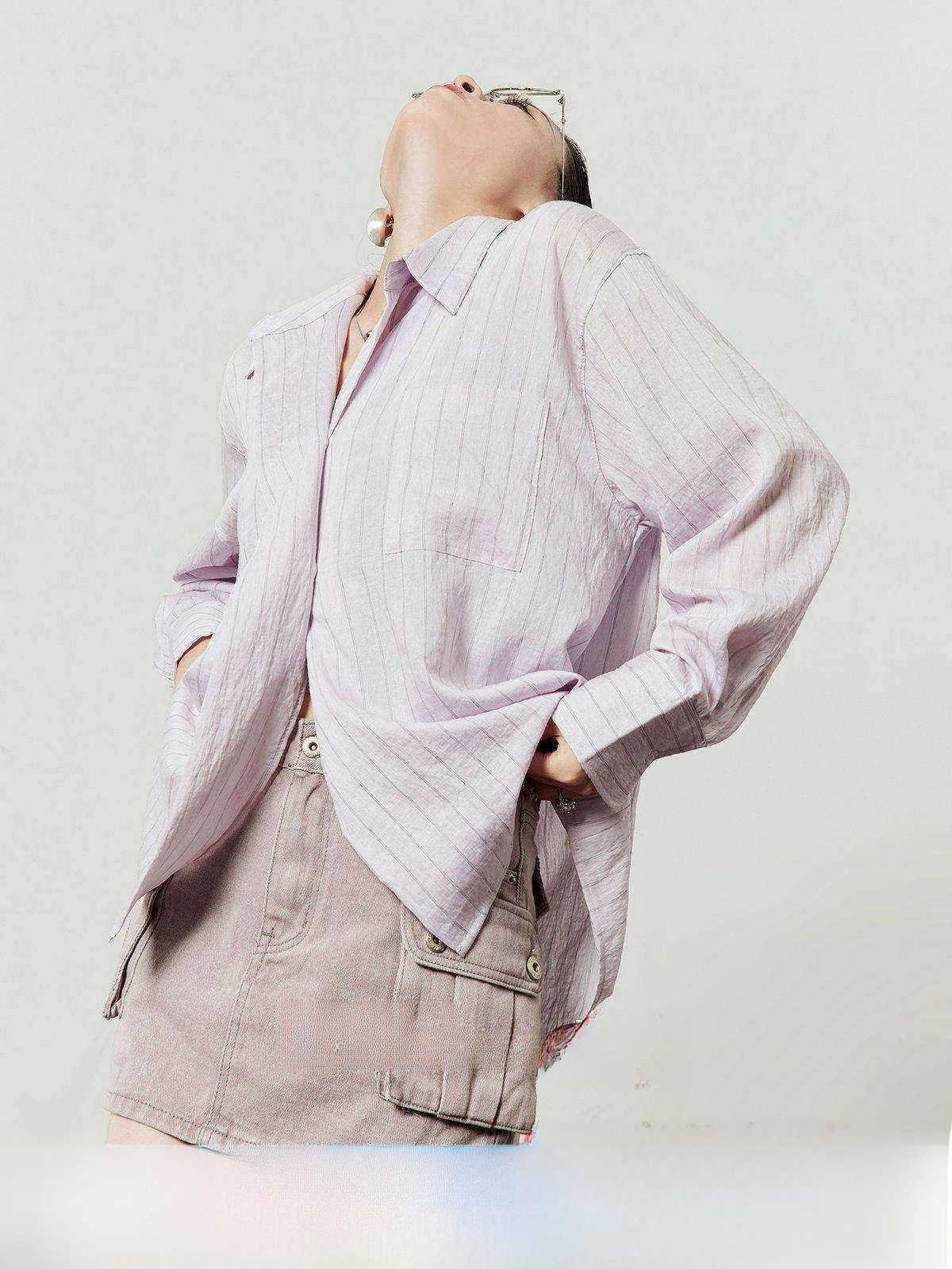 

Loose Casual Purple irt Women's Spring New Asymmetrical Design Striped irt Comfortable Loose Fit Daily Wear Button up