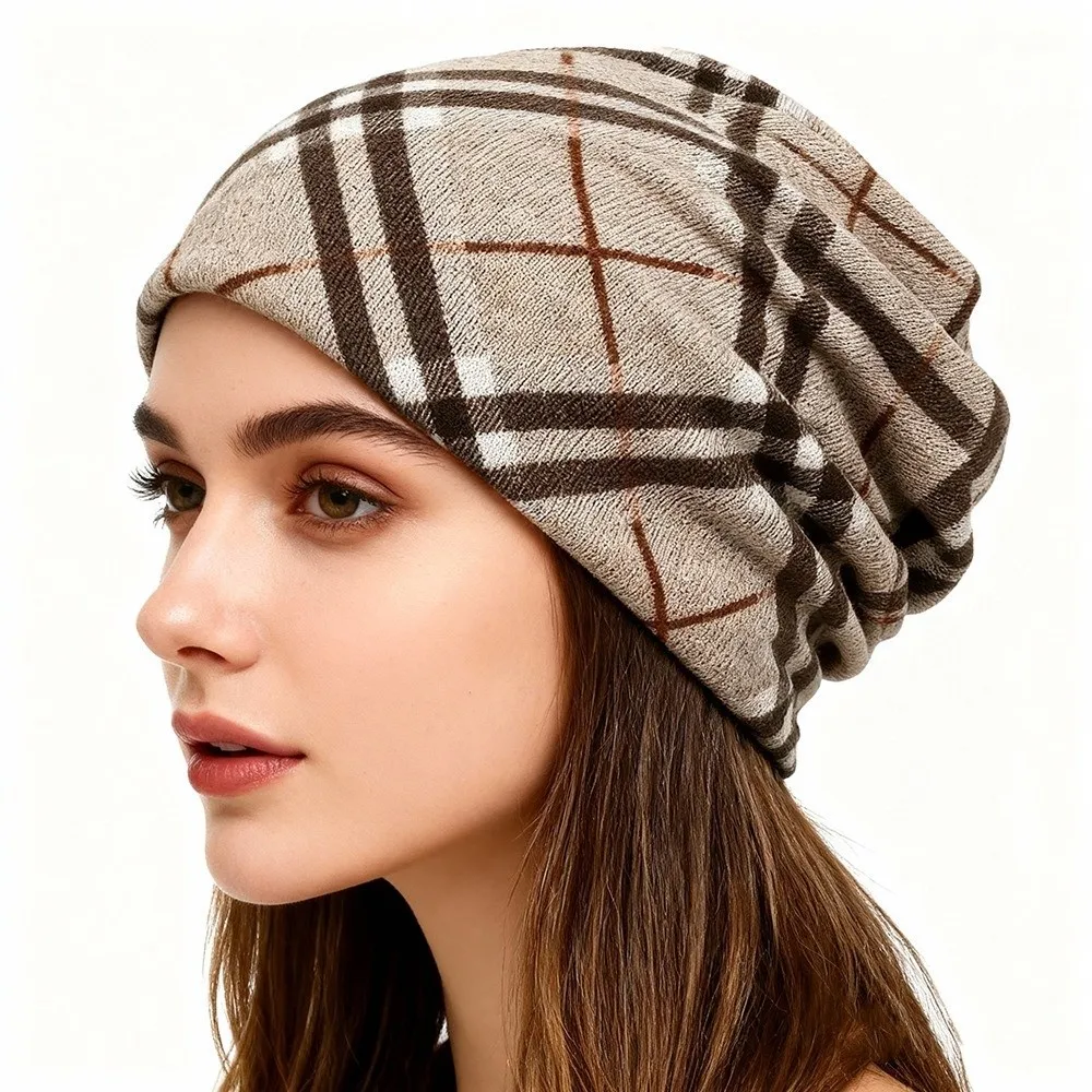 Contrasting Colors Pullover Hat Plaid Print Multifunctional Turban Hats Scarf Pullover Hat Casual Hedging Cap Autumn and Winter