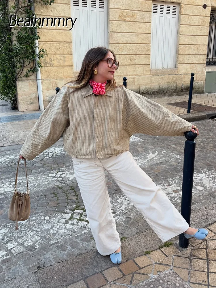 

Women Chic Lapel Checkered Short Coat Casual Full Sleeve Single Breasted Pocket Loose Jacket Lady Autumn Commute Street Jackets