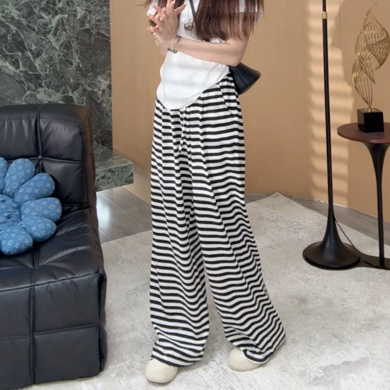 Summer 2025 High Waist Wide Leg Pants Women's Small Size Color Block Striped Casual Floor Length Trousers Polyester Fiber