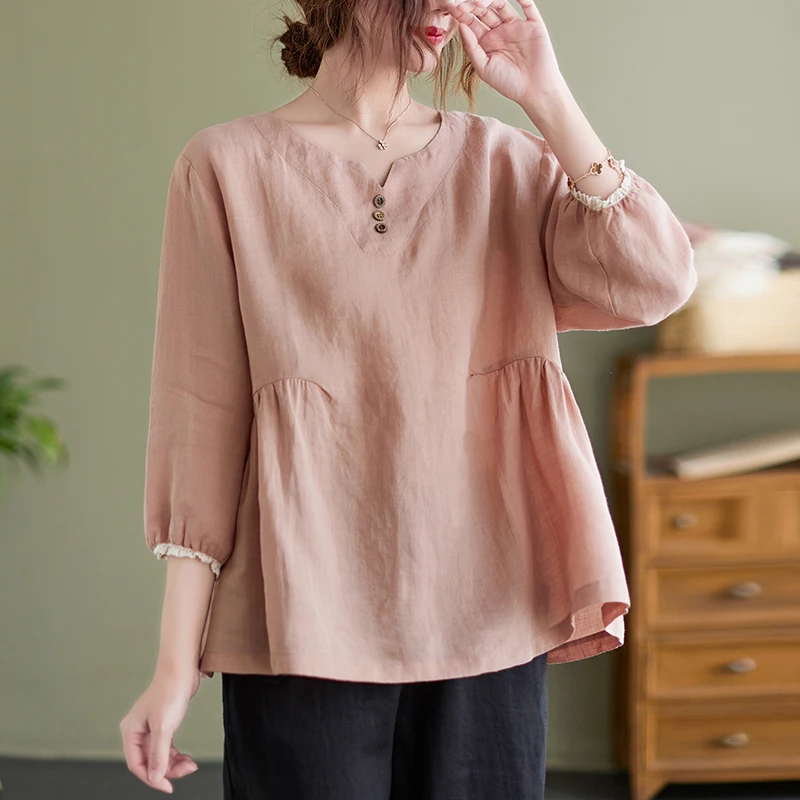 plus Size Women's T-Shirt Cotton Linen Patchwork Sleeve V-Neck Commute Style Artistic Summer Fashion Spring Autumn Top