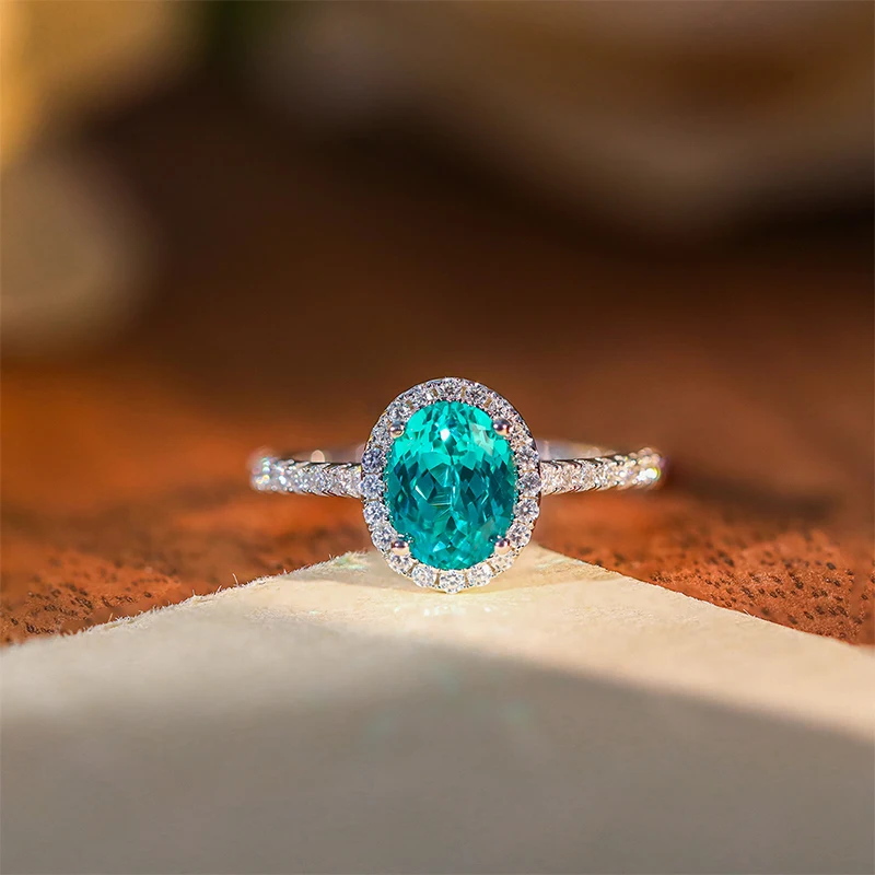 KEEP YES 1.5ct 6*8mm Personalized Lab-Grown Paraiba Gemstone Oval Shape Rings for Women 925 Sterling Silver Wedding Fine Jewelry
