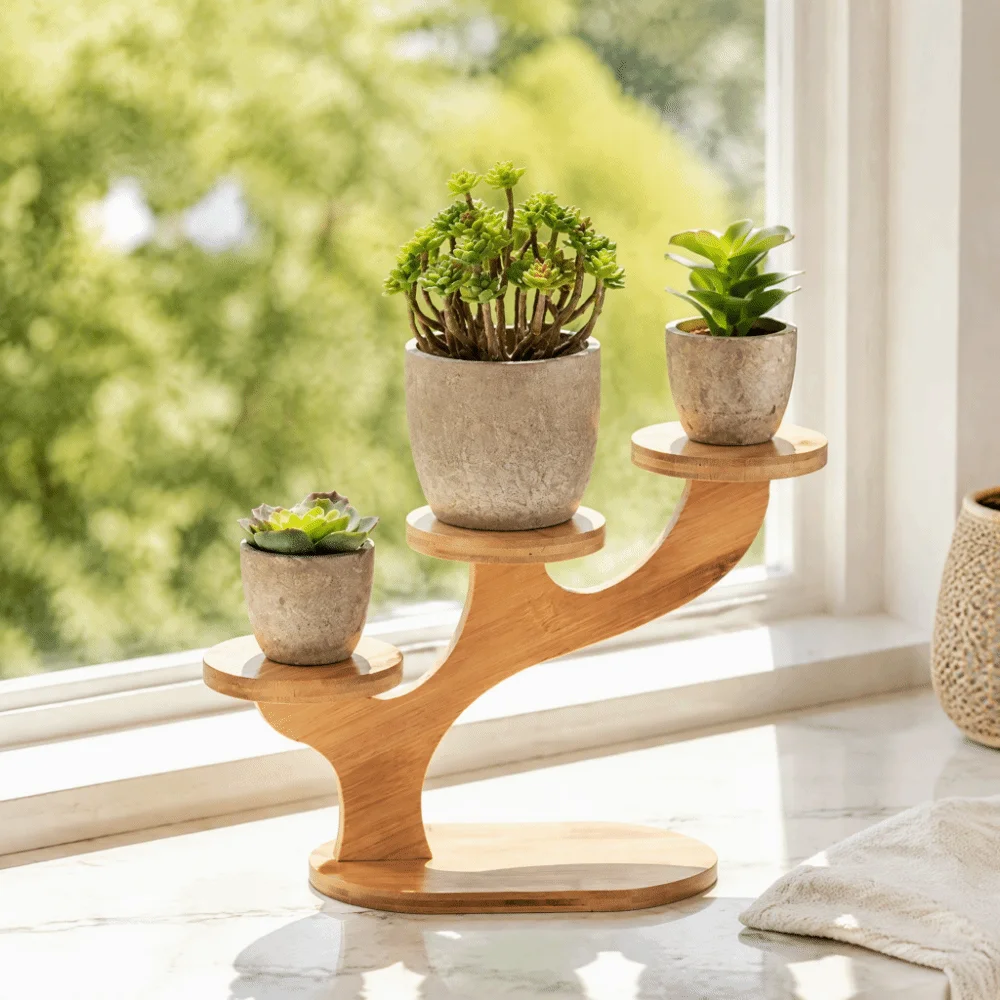 8.66x7.68in Desktop Plant Stand Tree‑shaped Frame Tabletop Placement Bamboo Flower Rack 3‑tier Design Stable Base