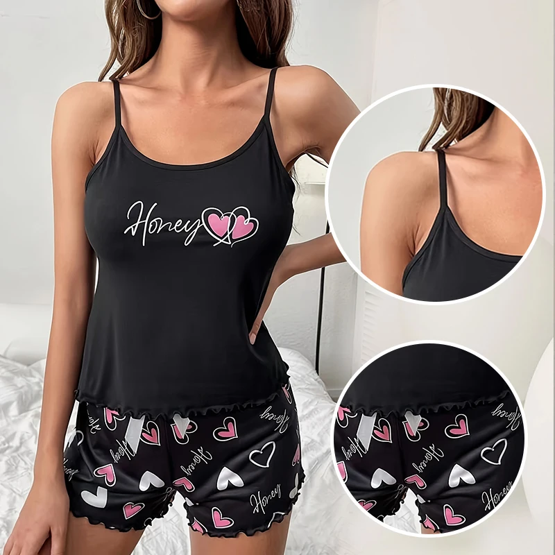 Women\'s Sleepwear Pyjama Set Black Comfortable Casual Print Short Sleeveless Pajamas Set Homewear