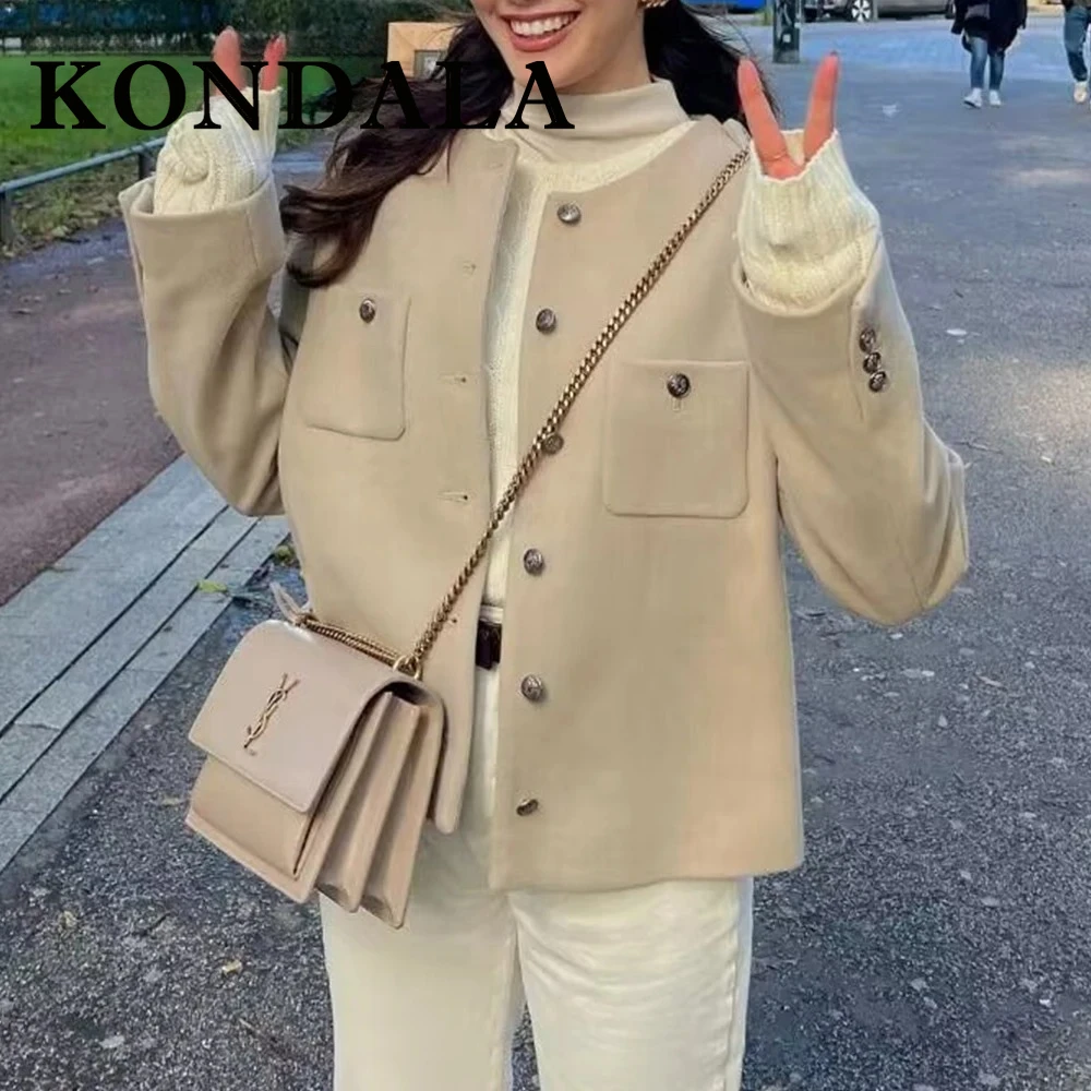 KONDALA Fashion 2024 Winter Champagne Streetwear Casual Jacket Pocket Chic Single Breasted All Match Elegant Gentle Outwear