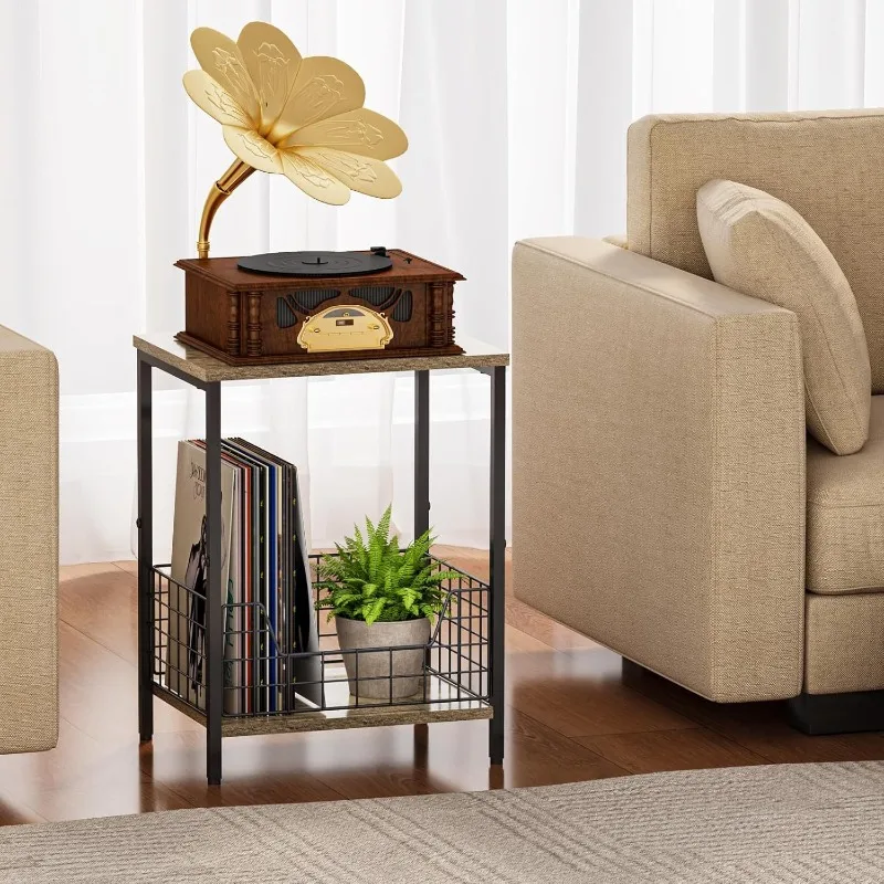 2-Tier Iron Wood Vinyl Record Storage Table, Multifunctional Record Player Stand, Bedside Side Table for Living Room Bedroom