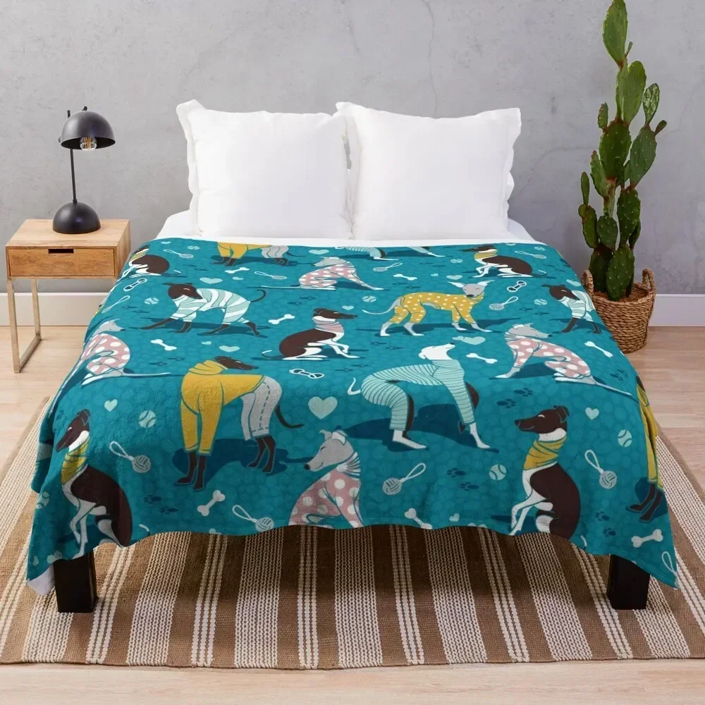 

Greyhounds dogwalk // turquoise background Throw Blanket Warm Cozy Throw Blanket for Living Room Couch