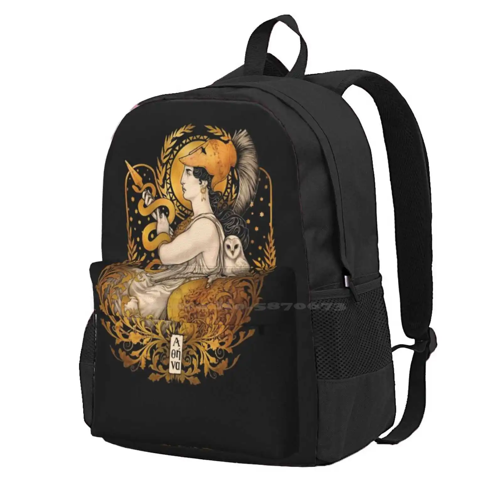 Pallas Athena Hot Sale Schoolbag Backpack Fashion Bags Pallas Athena Atenea Greek Goddess Art Nouveau Golden Black Owl