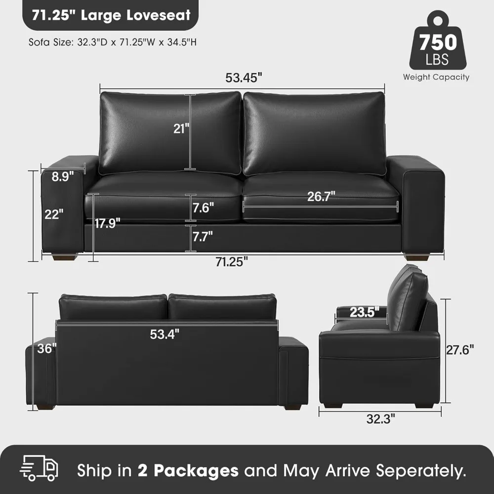 Faux Leather Couch, Modern Comfy Loveseat Sofa with Wide Arm, Side Pockets, Solid Wooden Frame, 2 Seater Living Room Sofas