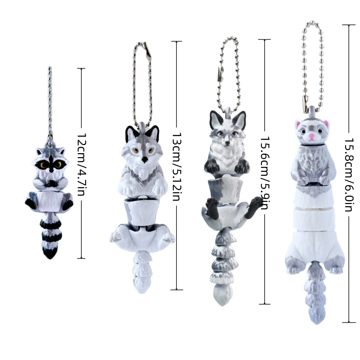2/4 Pieces - 3D Printed Articulated Silver-Colored Raccoon, Fox, Wolf, Ferret Animal Ornaments, Christmas Birthday Wedding Keychain Gifts, Indoor and Outdoor Hanging Decorations, Car Interior Hangings view 5