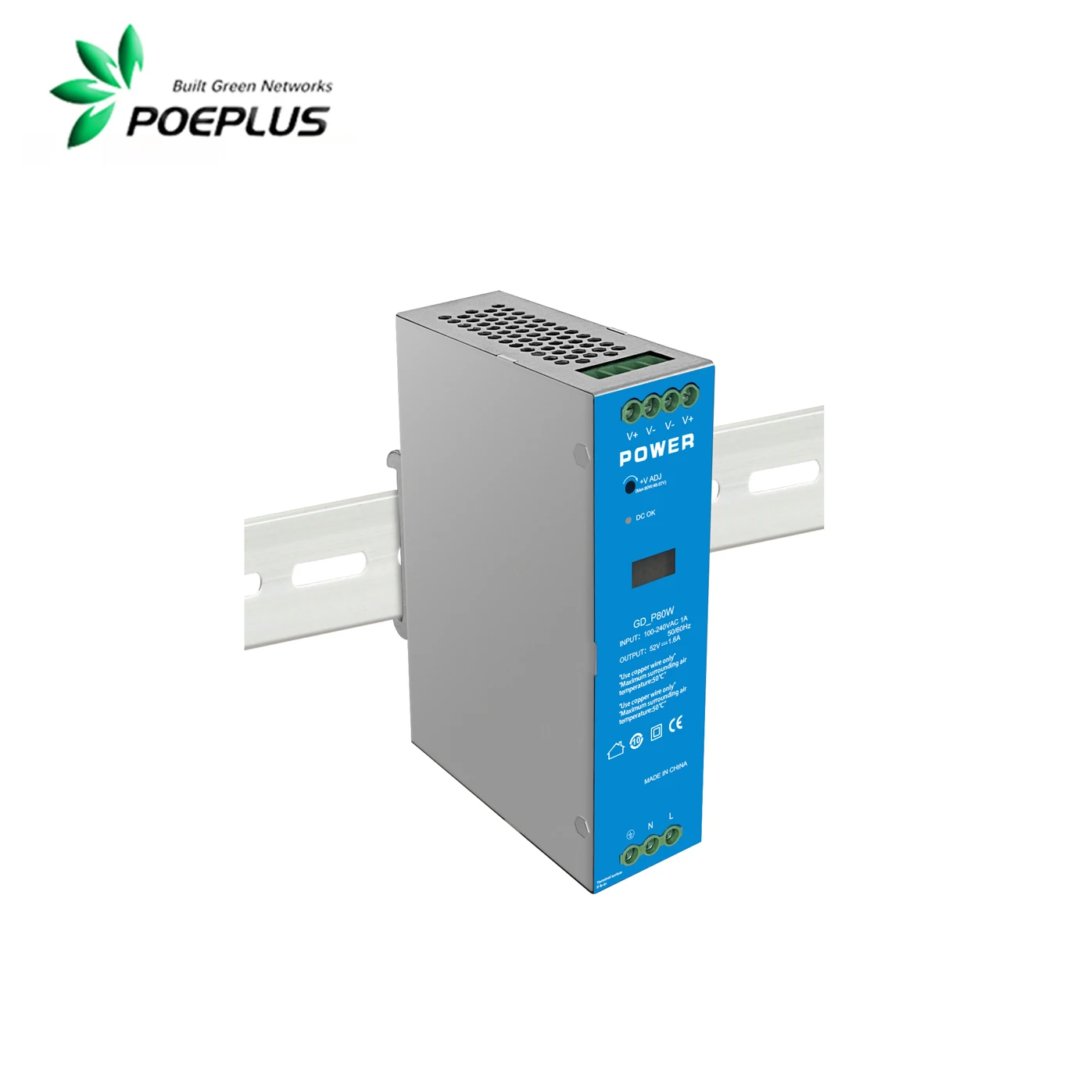 

POEPLUS 80W Industrial Power Supply|AC to DC voltage converter |DIN rail installation|110-240Vac in 48-57Vac adjustable output