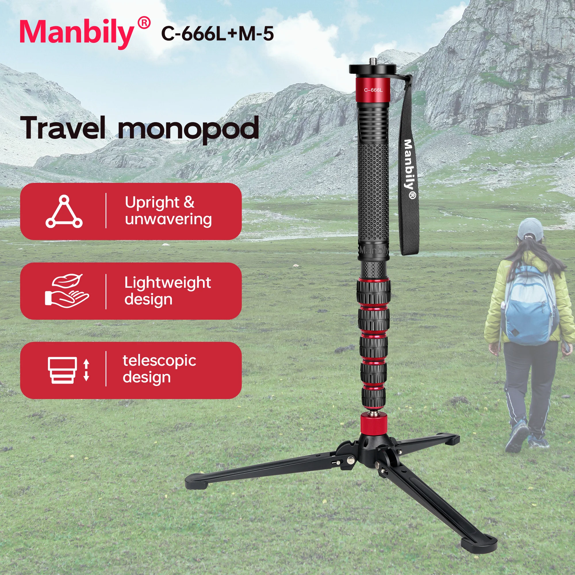 Monopé Portátil de Fibra de Carbono Manbily 182cm, Monopé Fotográfico Profissional C-666L com M-5 para DSLR Sony