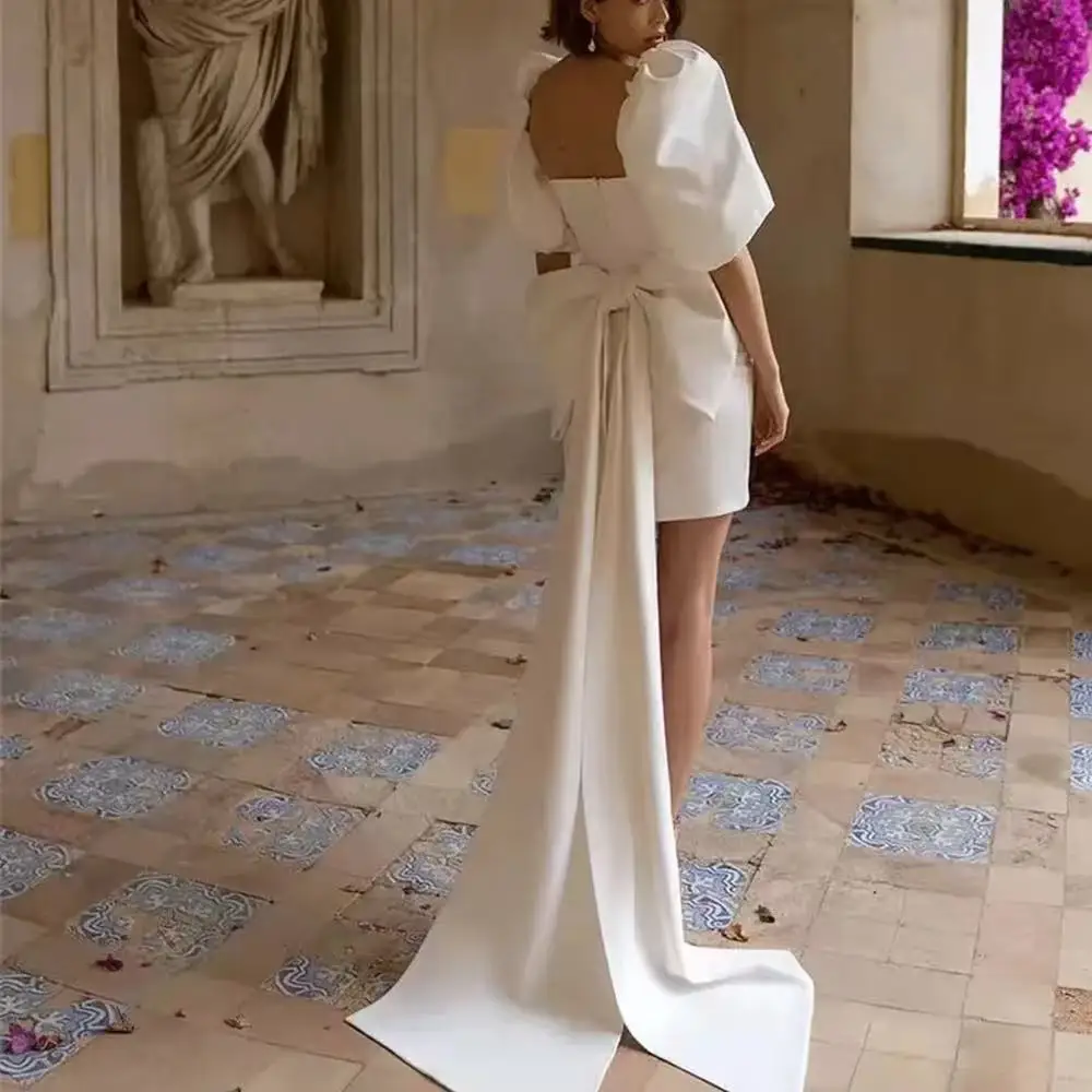 

Customized Elegant Satin Short Mini Mermaid Wedding Dresses Big Bow Half Puff Sleeves Above Knee Backless Bridal Gowns