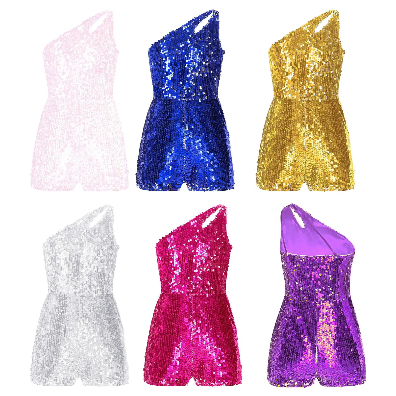 Kids Girls Shiny Sequin Rompers One Shoulders Sleeveless Short Unitards Party Jumpsuit for Ball Cha-Cha Jazz Dance Costumes