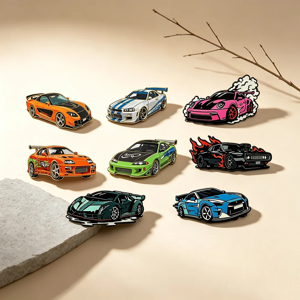 Conjunto de 4/8 Pins Esmaltados de Carros Esportivos, Broches de Metal para Lapela com Tema Automotivo de Veículos de Corrida, Emblemas Decorativos para Presente de Entusiastas de Carros