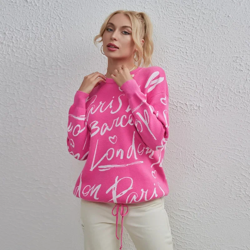 Letter Printed Pink Sweater For Women 2024 O-Neck Long Sleeve Knitted Sweatshirt Autumn Winter Pullover Jumper