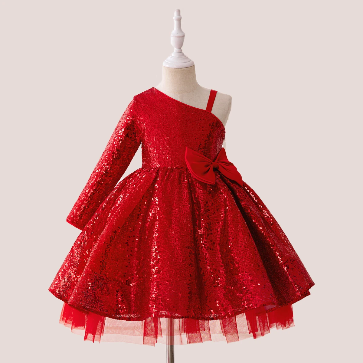 Sequins Bow Wedding Girls Dress Christmas Costumes Long Sleeved Birthday Evening Party Dresses For Girls Bridemaid Kids Clothing