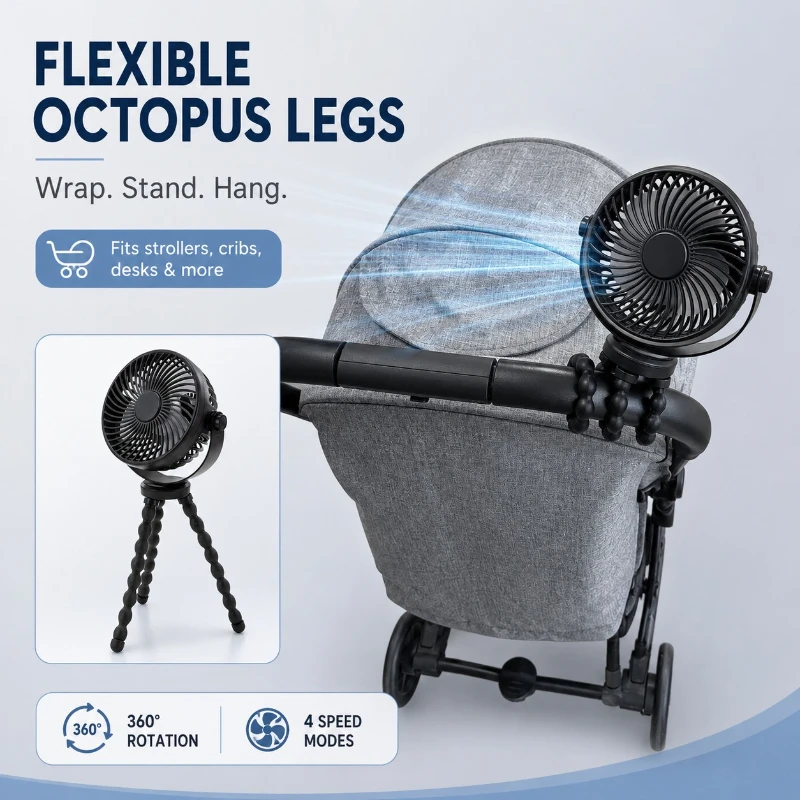 Stroller fan summer long-lasting battery life baby stroller octopus fan