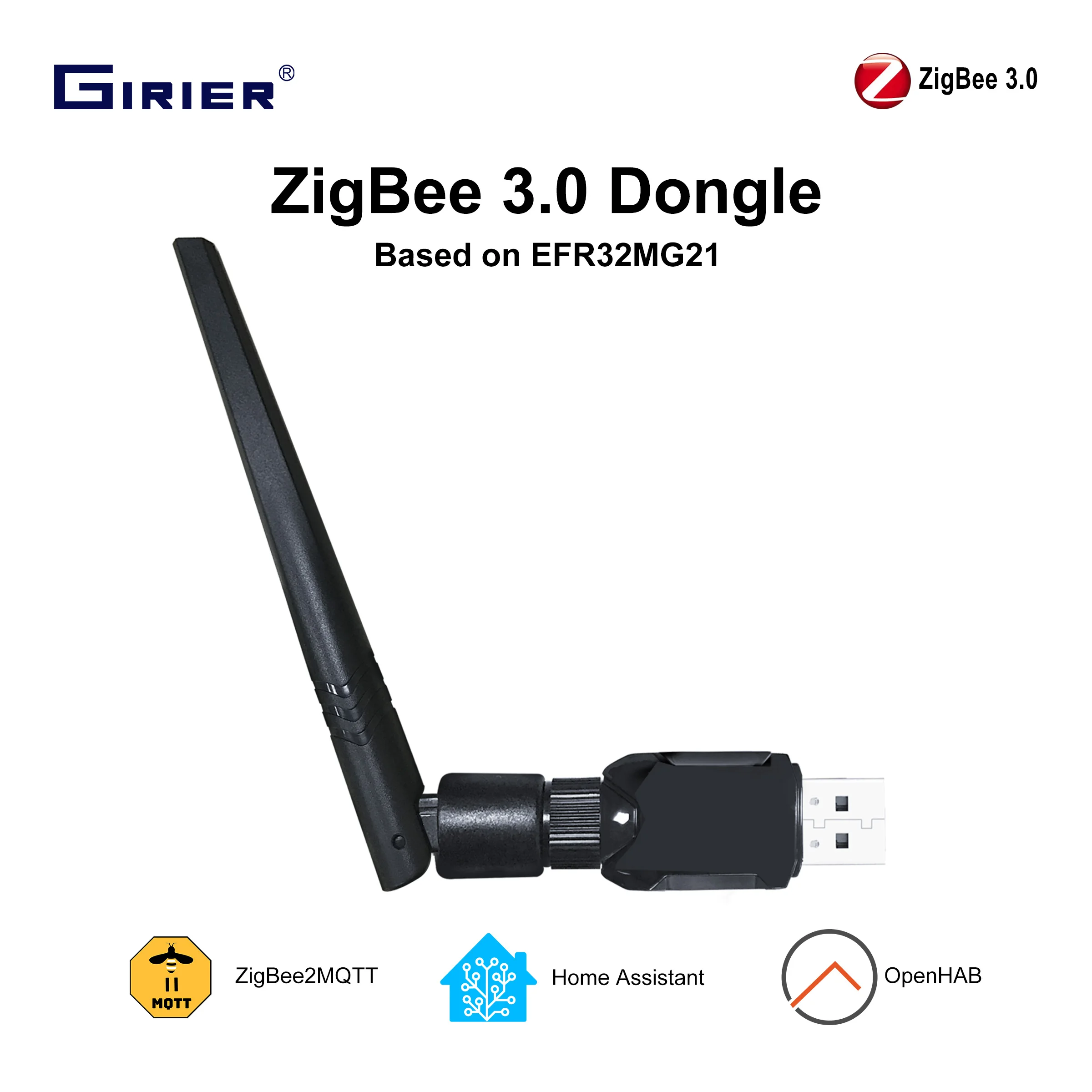 

GIRIER ZigBee 3.0 Dongle USB-шлюз Универсальный шлюз ZigBee с антенной, совместимый с Home Assistant OpenHAB ZigBee2MQTT