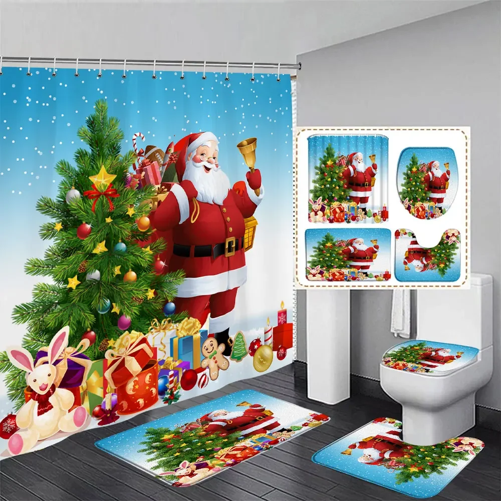 Christmas Gifts Bathroom Shower Curtain Rug Set Father Christmas Snowman Happy New Year Polyester Shower Curtains Bathroom Decor