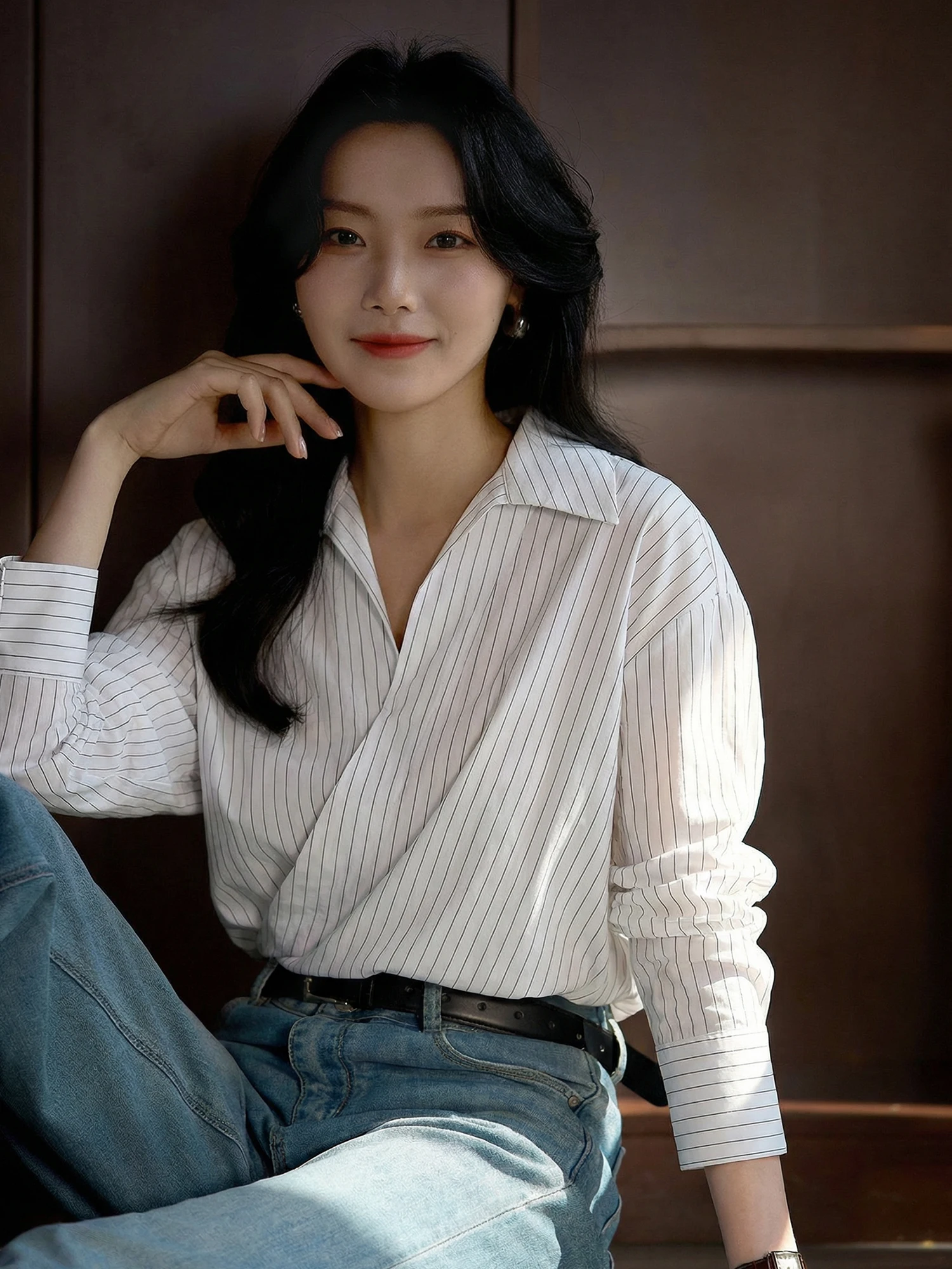 

Spring 2026 Women's Striped Long Sve irt V-Ne Cotton Blend Comfortable Breathable Slim Fit Commute Sle irt