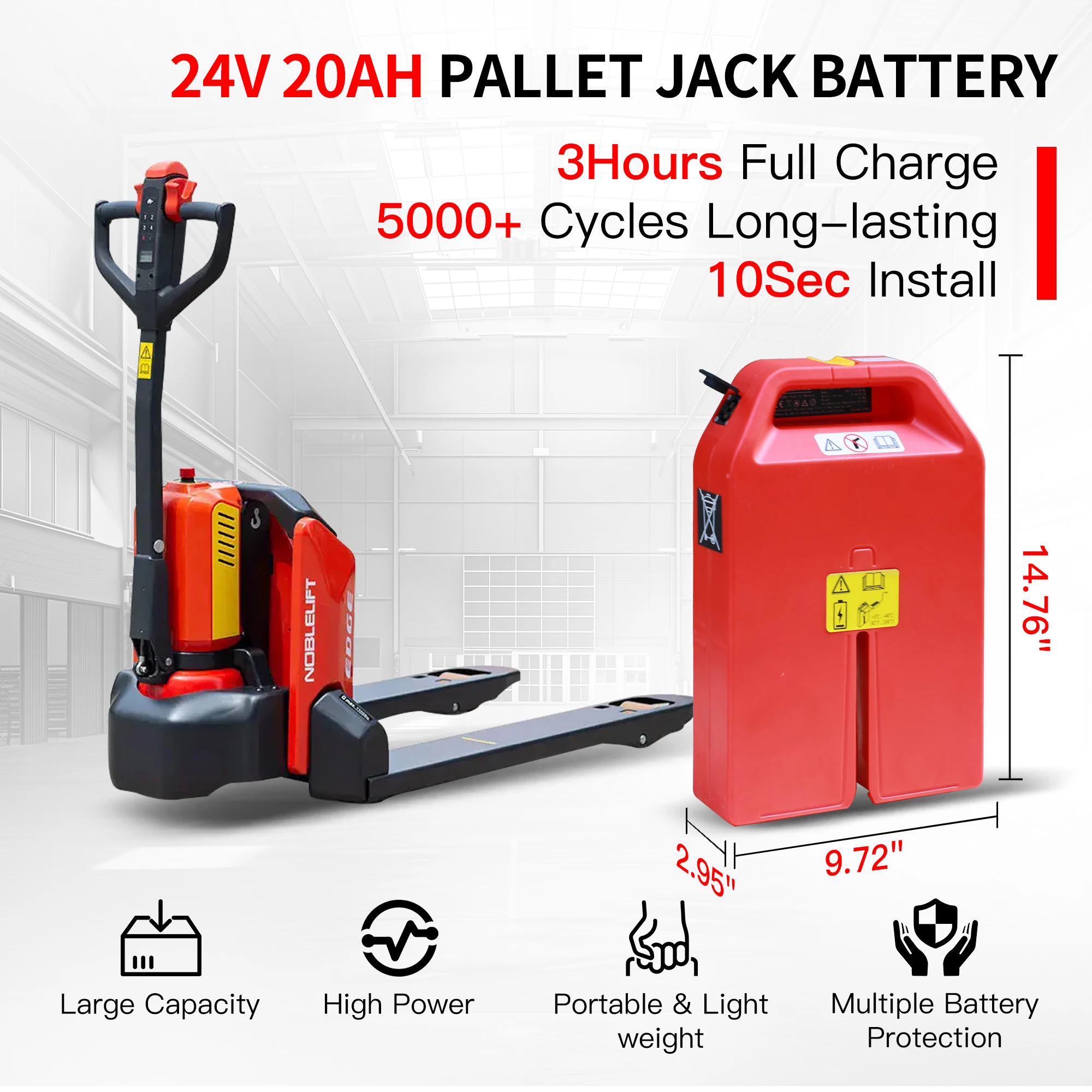 Electric Pallet Jack Battery, 24V 20Ah LiFePO4 Lithium Battery Compatible with NOBLELIFT PTE15N/PTE20N Forklift Pallet Truck