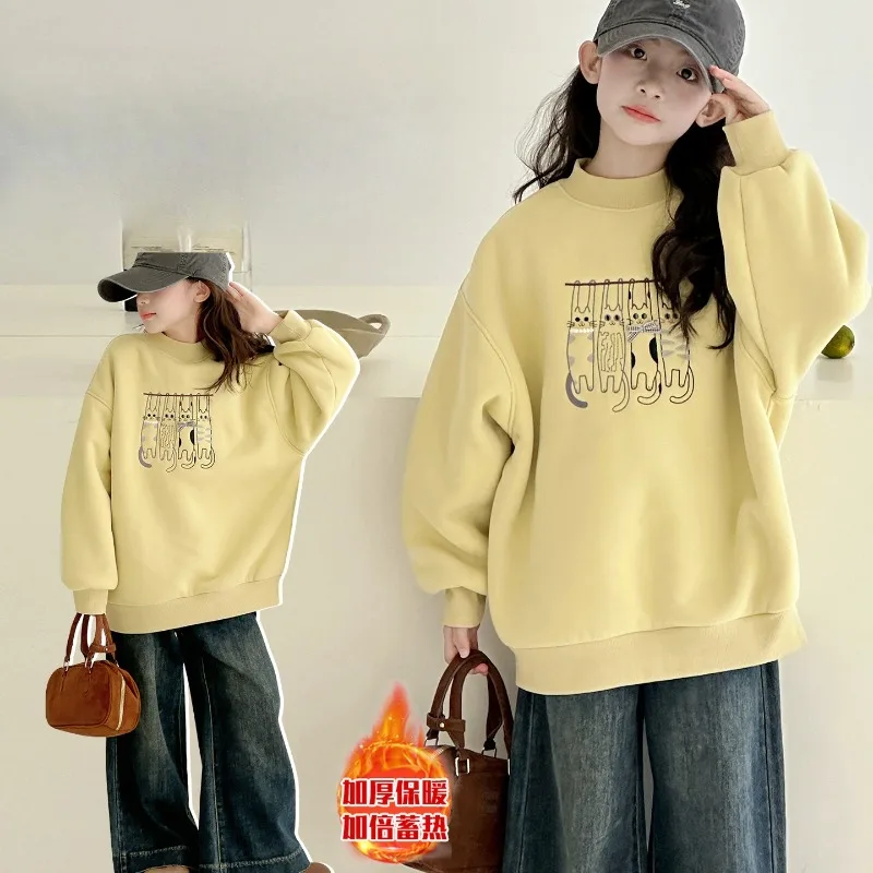 ZOETOPKID Girls' Fleece Lined Hoodie Winter Thick Camel Down Integrated Fleece Overhead Shirt Casual Style Clothes