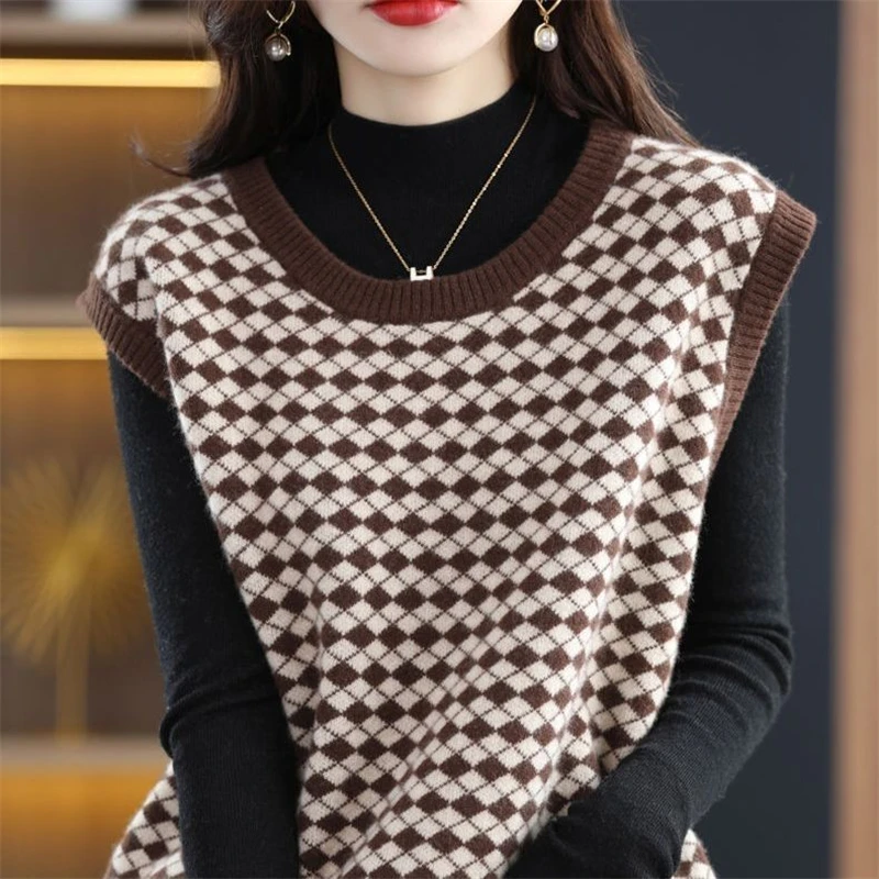 Autumn Winter Women Trendy Retro Argyle Sleeveless Chic Loose Sweater Vest Y2K Female Casual Streetwear O Neck Knitted Waistcoat