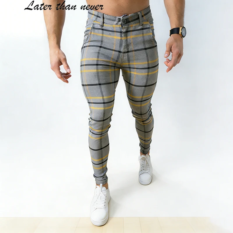 Being Vigor Street Stretchy Skinny Mens Chino Pants Inch Size Straight Plaid Business Casual Pants Slim Fit Leisure Trousers