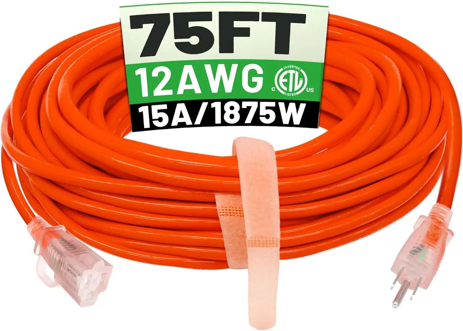 

75 ft 12/3 Outdoor Extension Cord Waterproof Heavy Duty with Lighted Indicator End 12 Gauge 3 Prong, Flexible Cold-Resistant