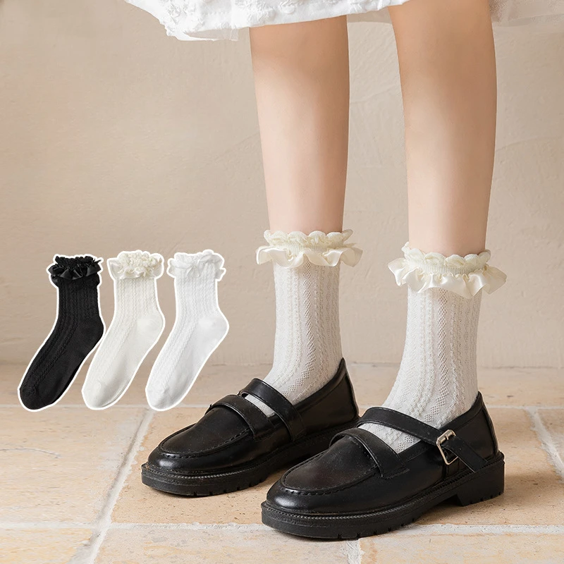 

Sweet Girls Ruffle Socks Lolita Kawaii Cute Lacework Princess Socks Women JK Japanese Style Solid Color Black White Kawaii Socks