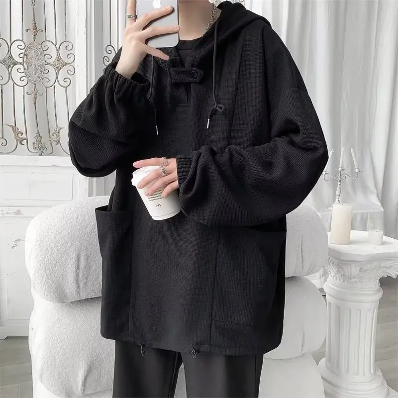 

Waffle Solid Simple Basic Everyday Hooded Euro Size Unisex Autumn Spring Casual Long Sleeve Men Sweatshirts Fashion Oversize Top