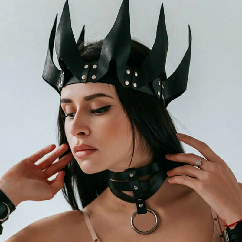 TleMeny Sexy Leder Crown Maske Bdsm Fetisch Kopf Schwarz Cosplay Gesicht Erwachsene Halloween Karneval Club Maskerade Partei Maske Sex Spielzeug