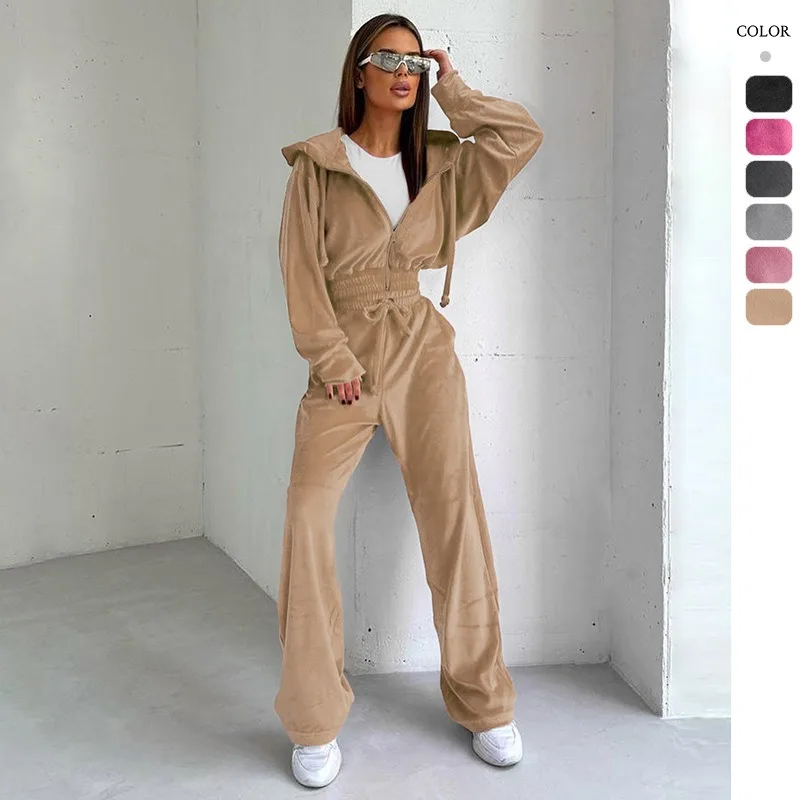 Velour Tracksuit Womens 2 Piece Sweatshirt Weatpants Set Full Zip Hoodie Sweatshirt with Pocket Causal Sportswear Autumn